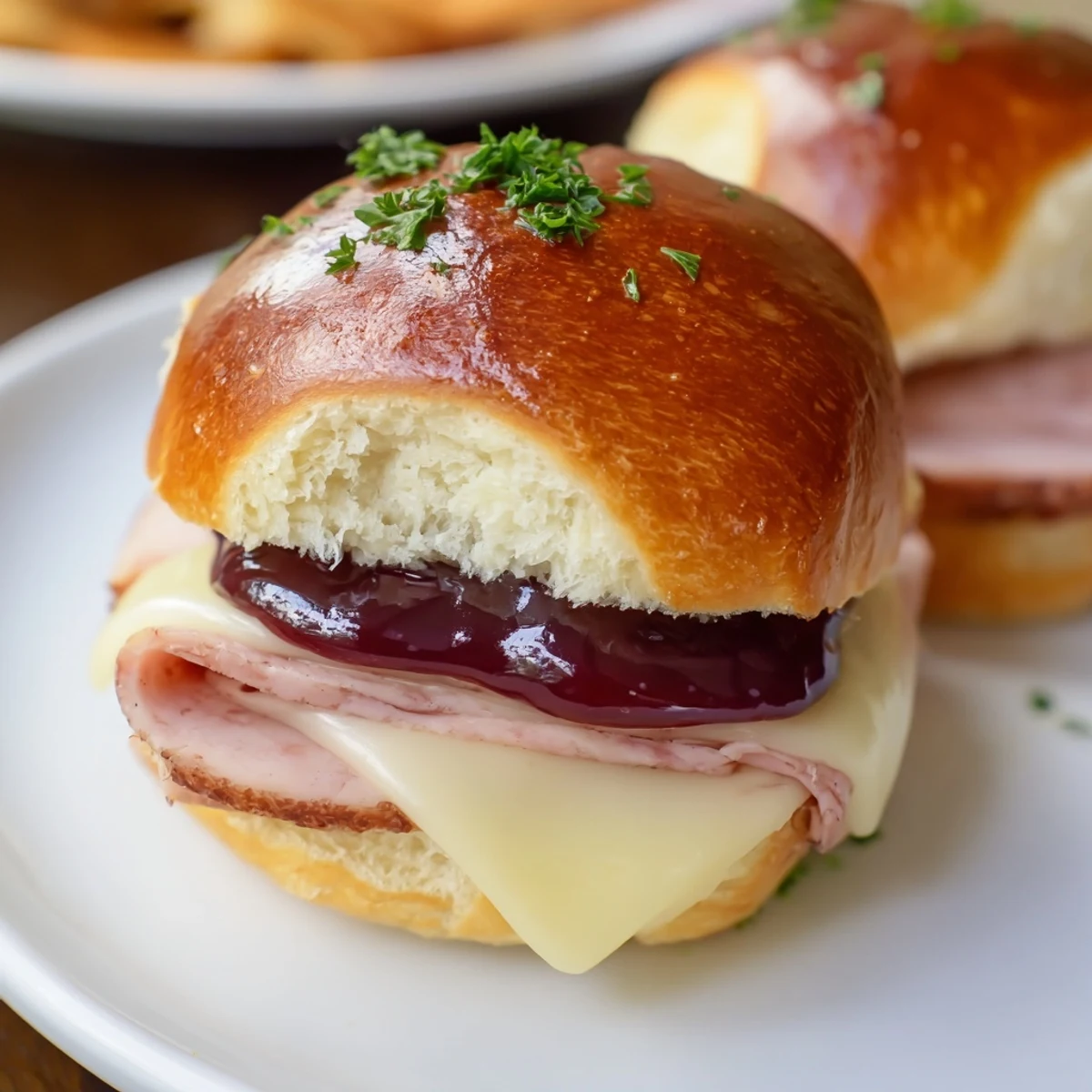 Golden-brown Cherry-Glazed Ham and Cheese Sliders are stacked on a serving dish, ready to savor.