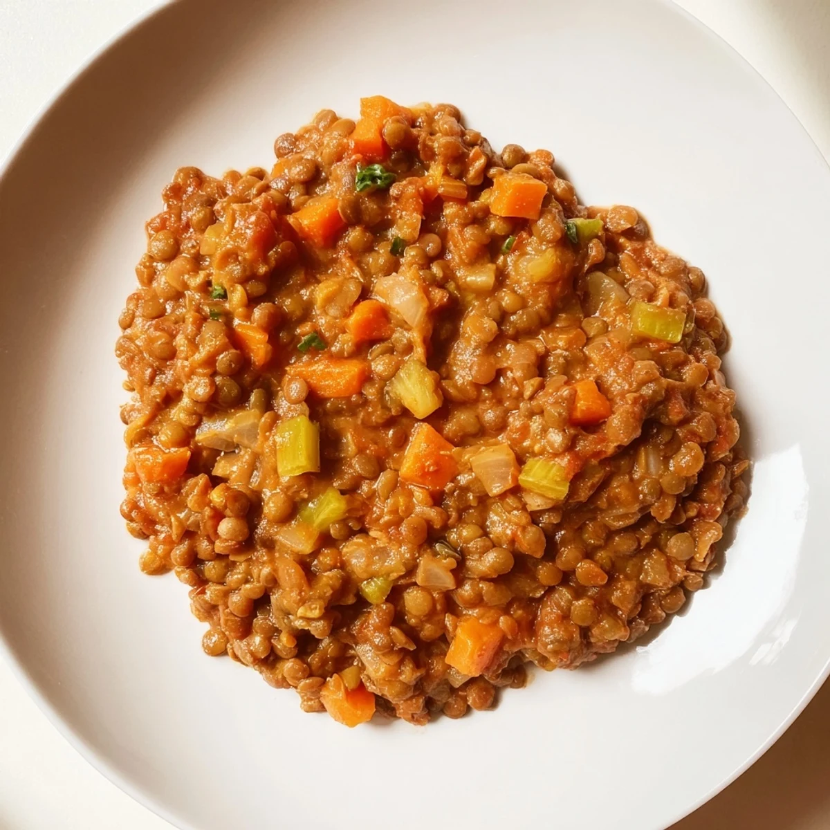 A steaming bowl of Creamy Tomato Basil Lentil Bolognese, rich with tomatoes and hearty lentils.