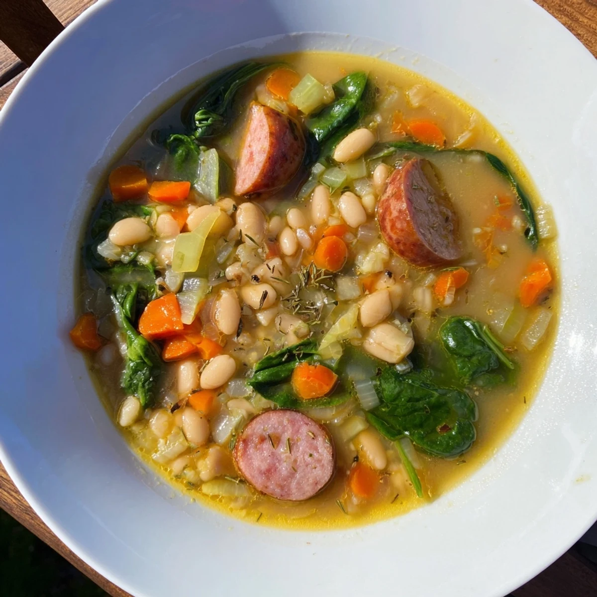 A steaming bowl of Simple Sausage and White Bean Soup; chunky, flavorful, and incredibly easy to make.