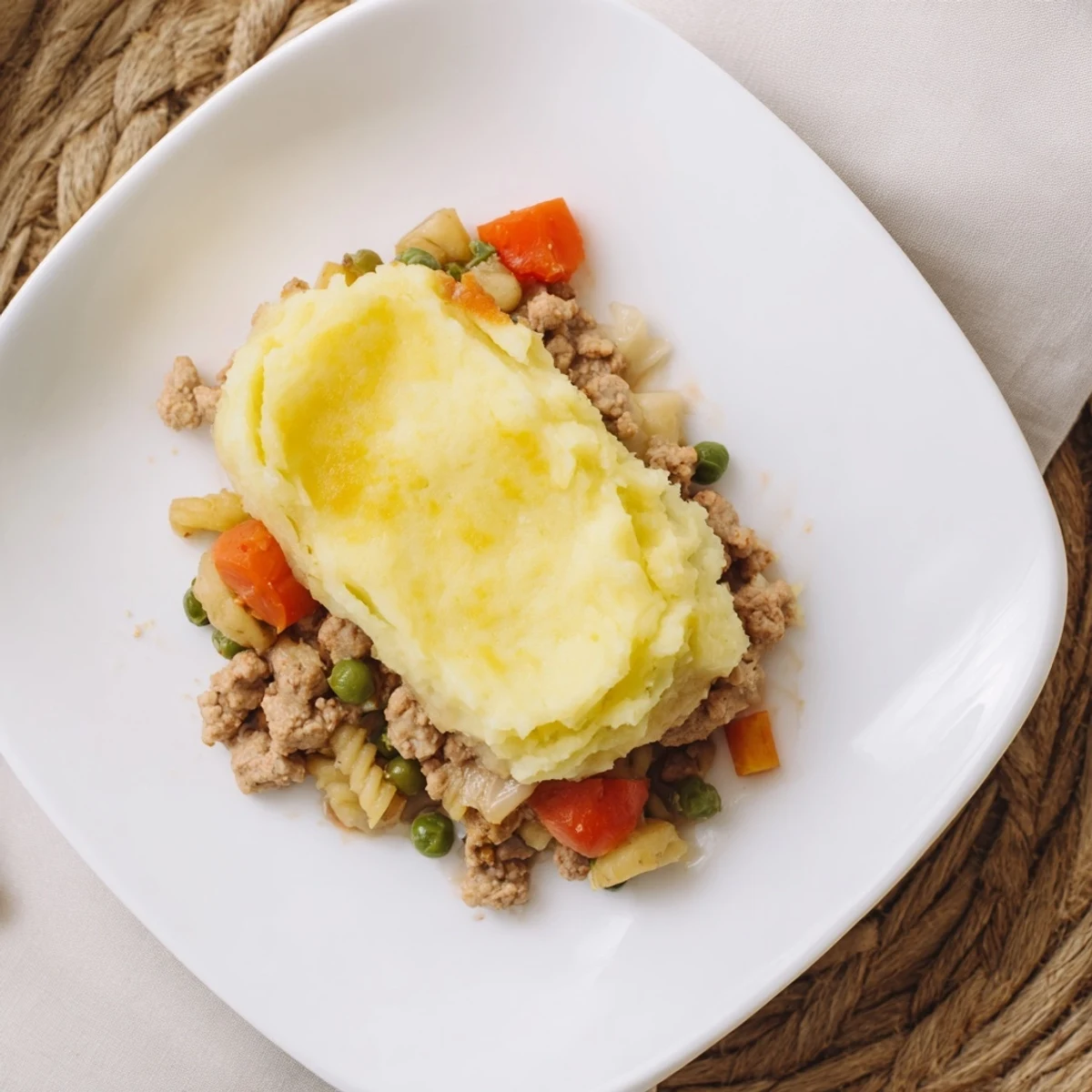 Golden-brown Budget Shepherds Pie with a bubbly, savory ground beef filling, ready to serve and enjoy.