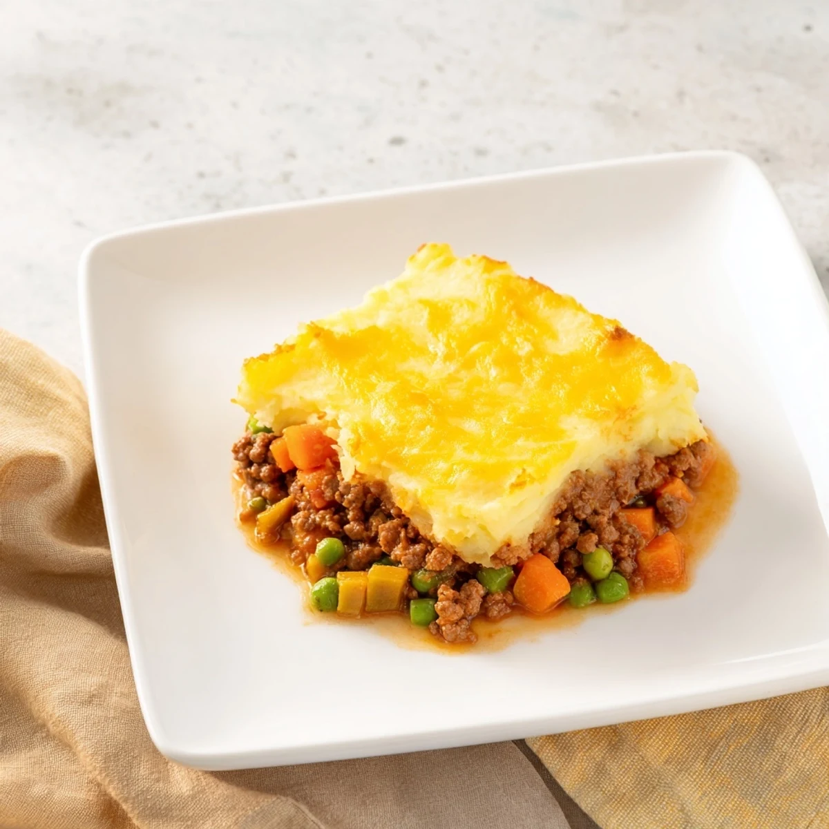 Close-up of a Budget Shepherds Pie portion, showcasing layers of tender beef and creamy potato.