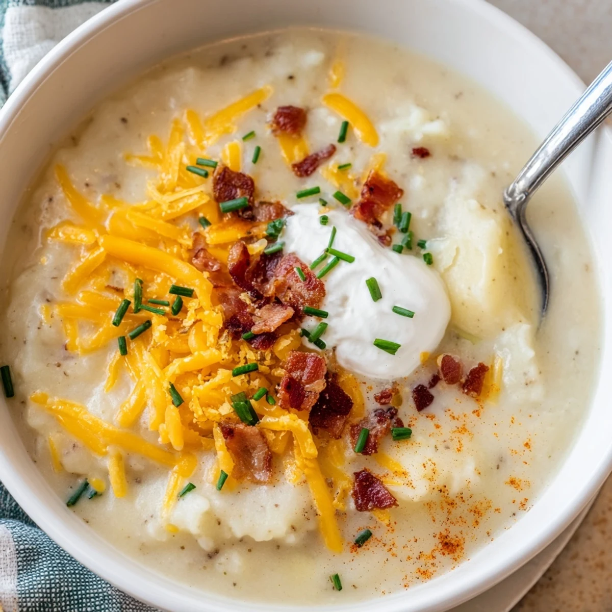 A steaming bowl of The Ultimate Baked Potato Soup, thick and creamy with visible toppings.