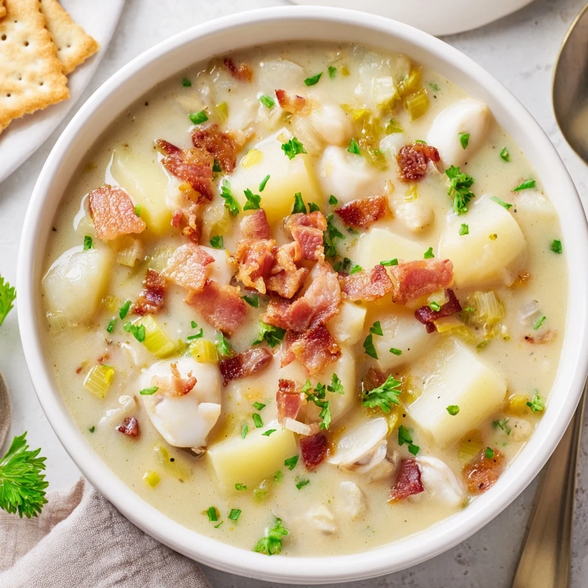 A steaming bowl of creamy New England Clam Chowder, filled with tender clams and potatoes.