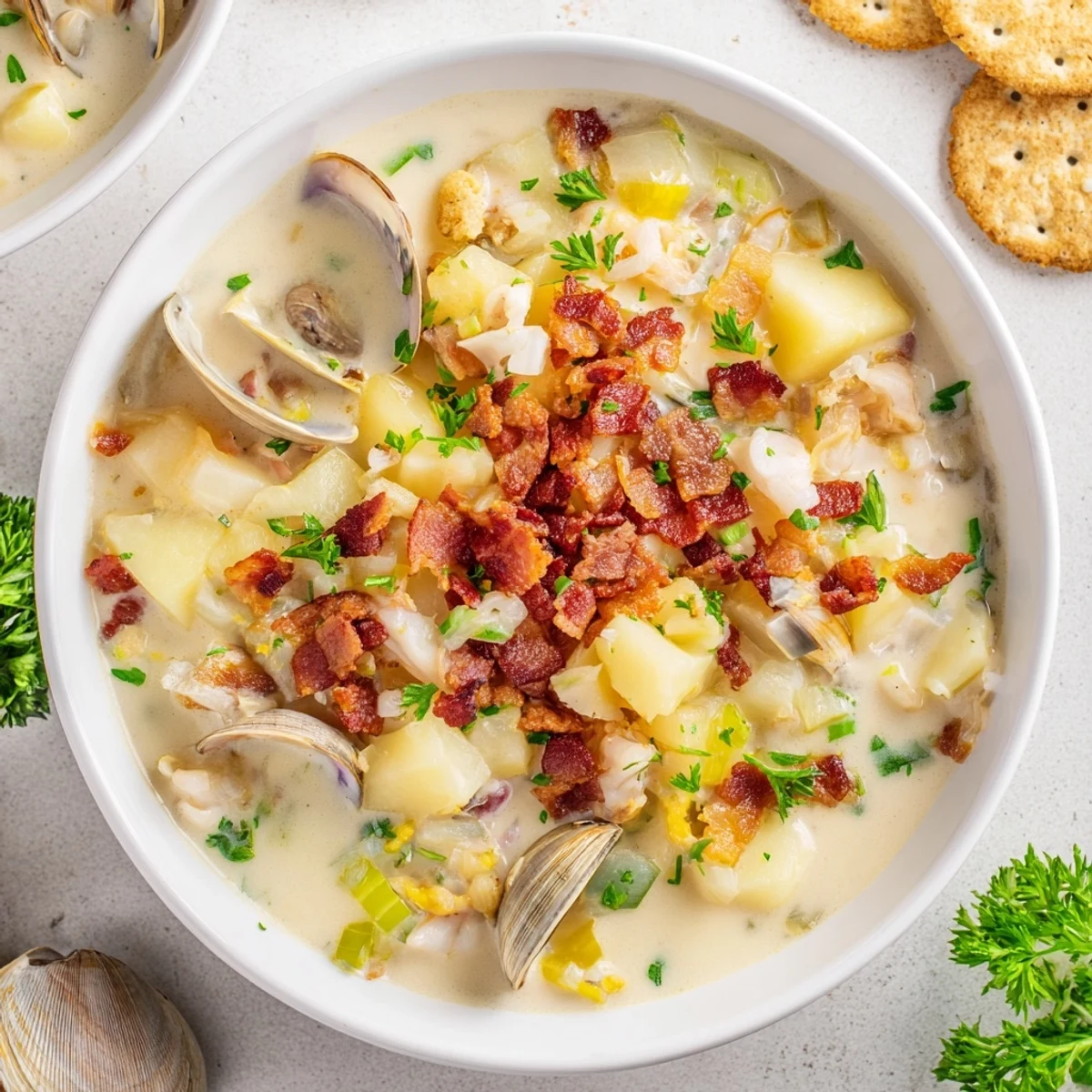 Rich and hearty New England Clam Chowder, perfect for a cozy dinner paired with crusty bread.