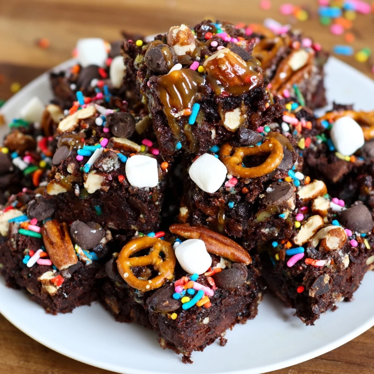 Close-up of freshly baked Chaos Chocolate Cake Bites; colorful sprinkles and chopped nuts adorn them.