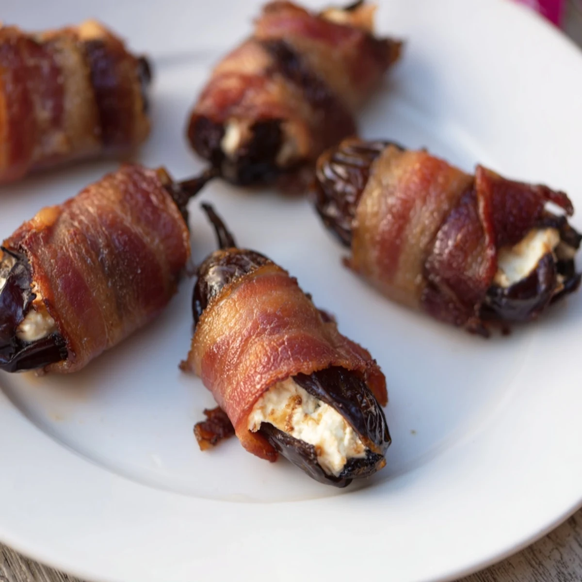 Crispy bacon-wrapped dates stuffed with creamy goat cheese, an irresistible appetizer.