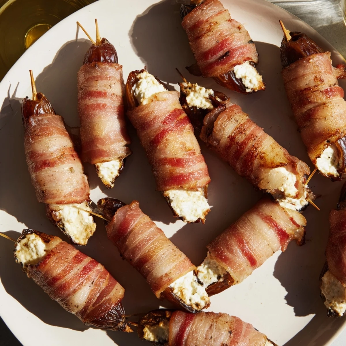Golden brown bacon-wrapped dates reveal a luscious goat cheese filling, ready to serve and enjoy.