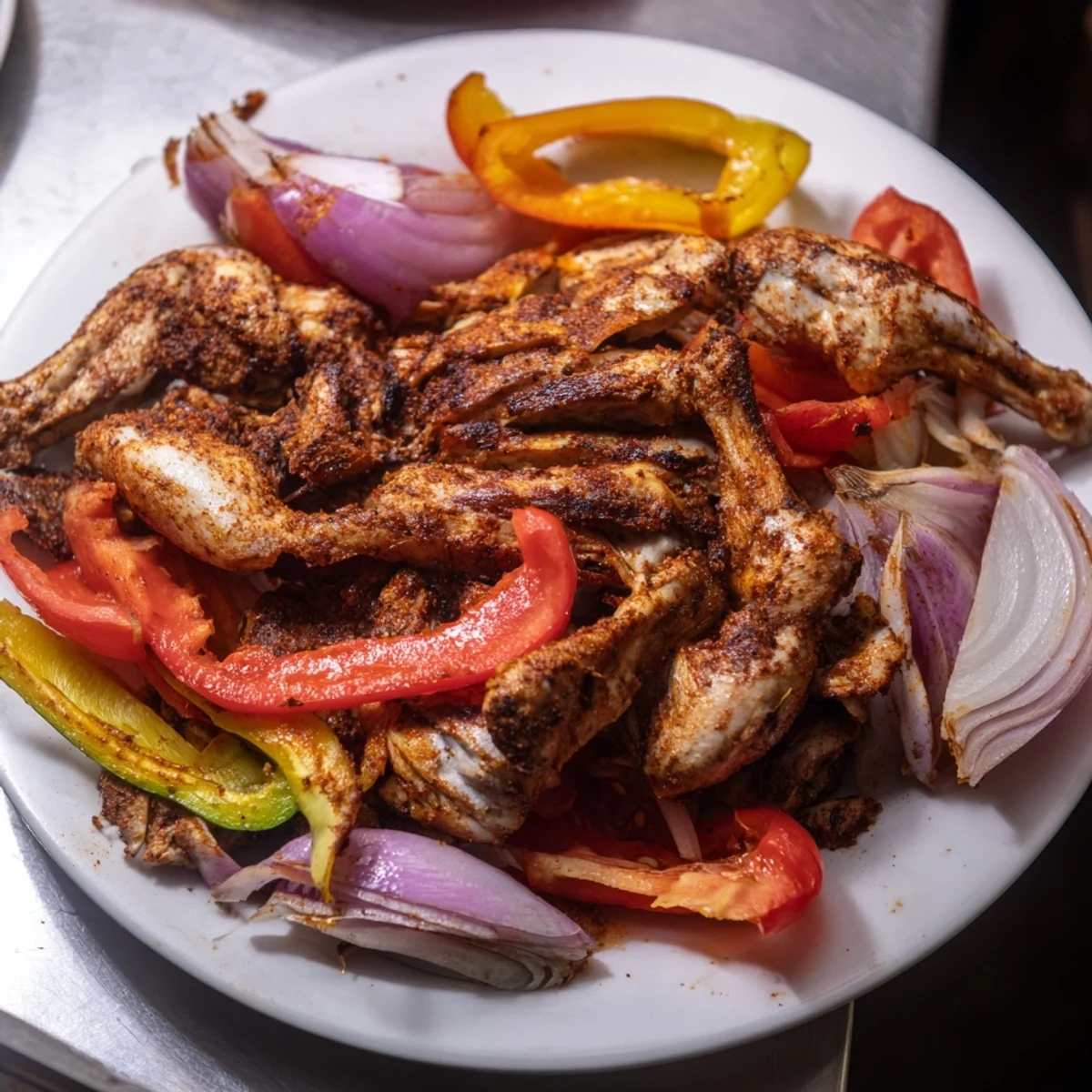 Tender chicken shawarma glistening with spices, baked alongside colorful vegetables, ready for pita.