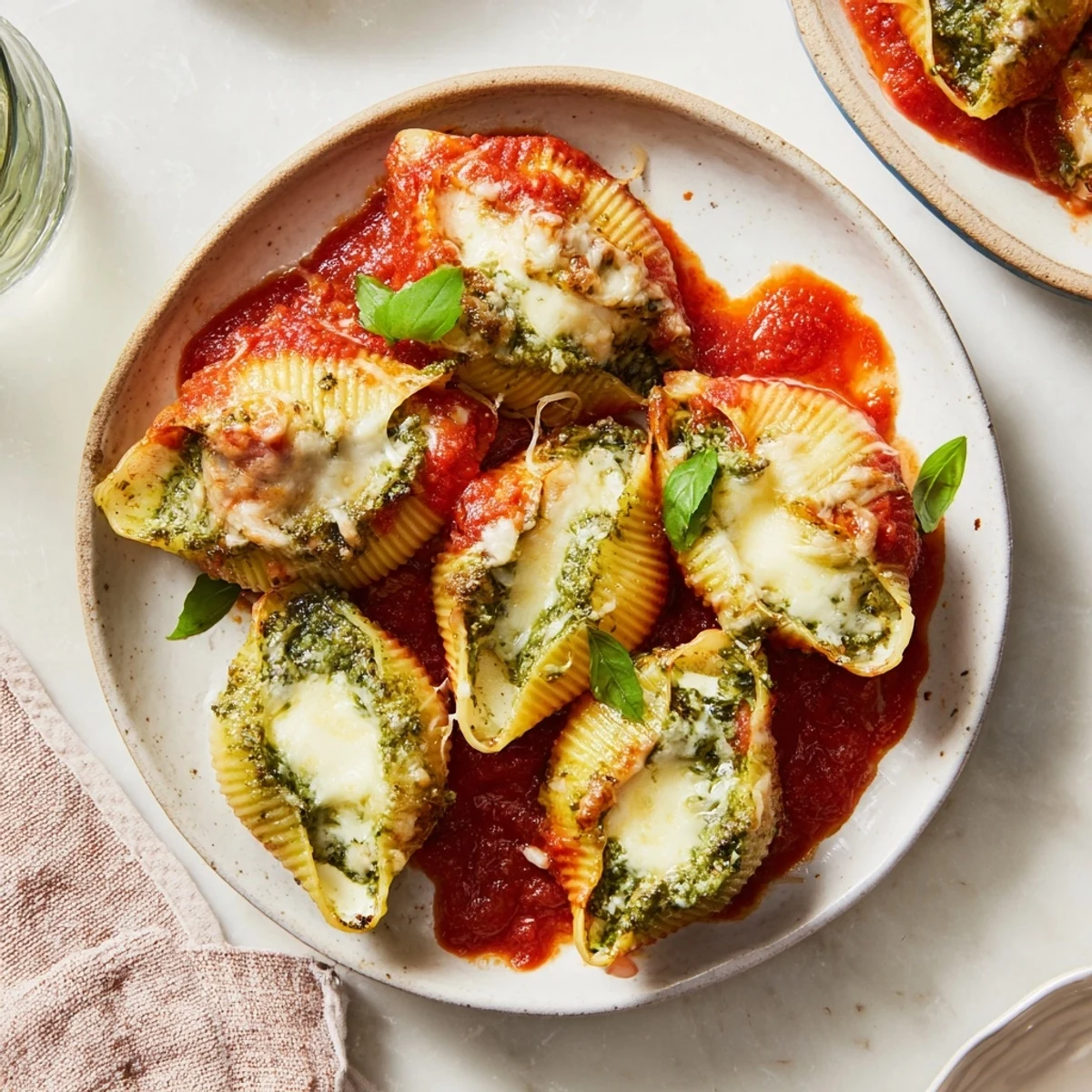 Steaming pesto and ricotta stuffed shells, bubbling in marinara, topped with melted mozzarella and Parmesan cheese.