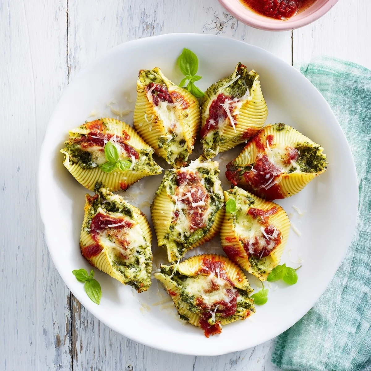 Golden-topped pesto and ricotta stuffed shells, Italian-American comfort food, presented in a baking dish, served warm.
