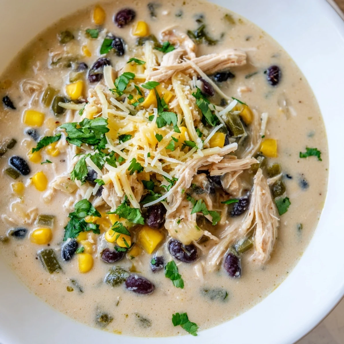 Enjoy a warm and comforting bowl of Chicken Poblano Soup made with creamy broth and tender chicken.
