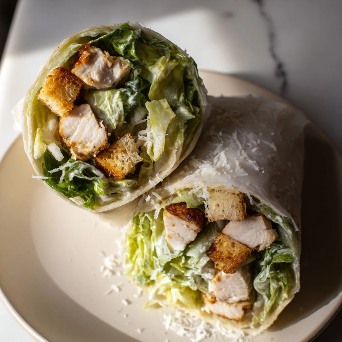 Chicken Caesar Wraps, bursting with fresh lettuce, juicy chicken, and creamy dressing, ready to eat.
