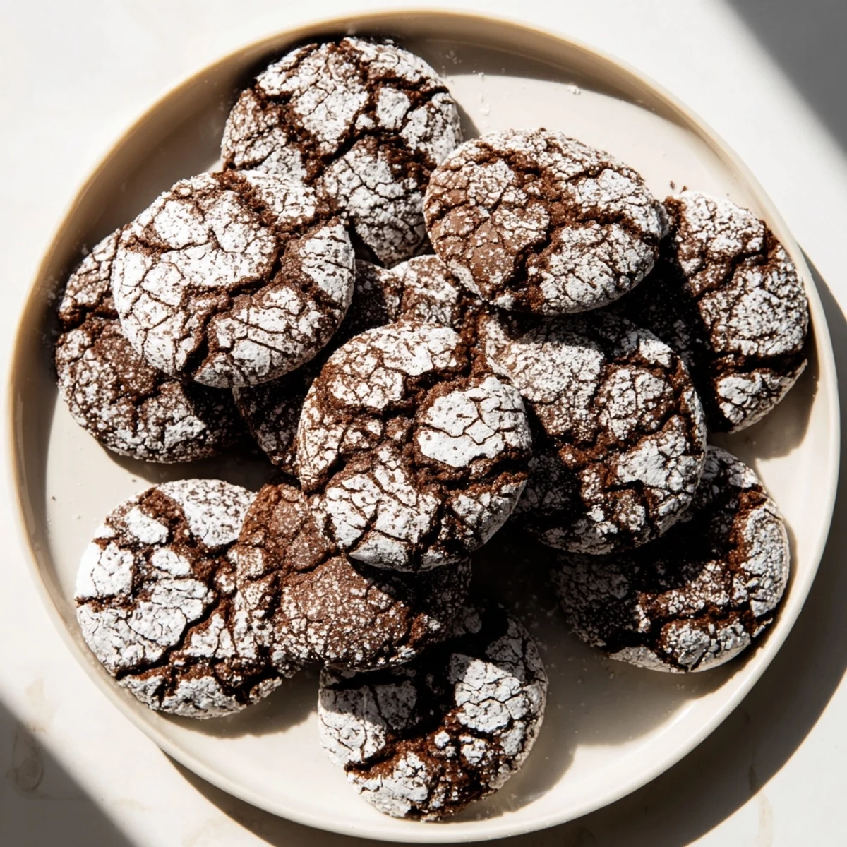 Image shows a plate piled high with homemade, delicious air-fried Chocolate Crinkle Cookies ready to eat.