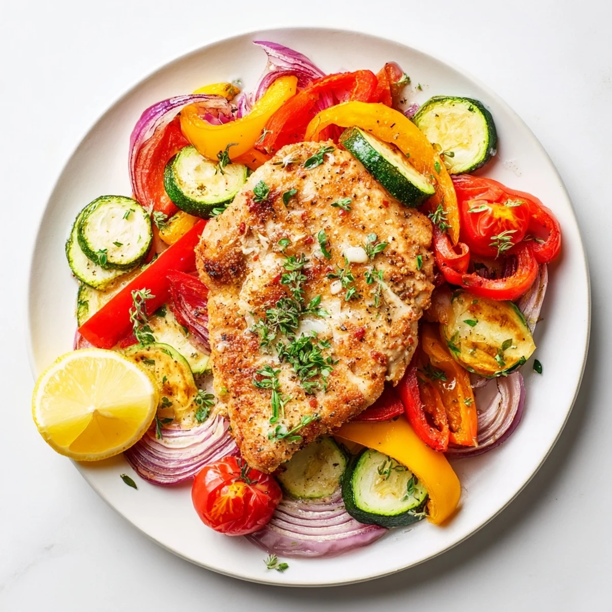 Sheet pan lemon oregano chicken cutlets with roasted vegetables, a healthy Mediterranean meal.