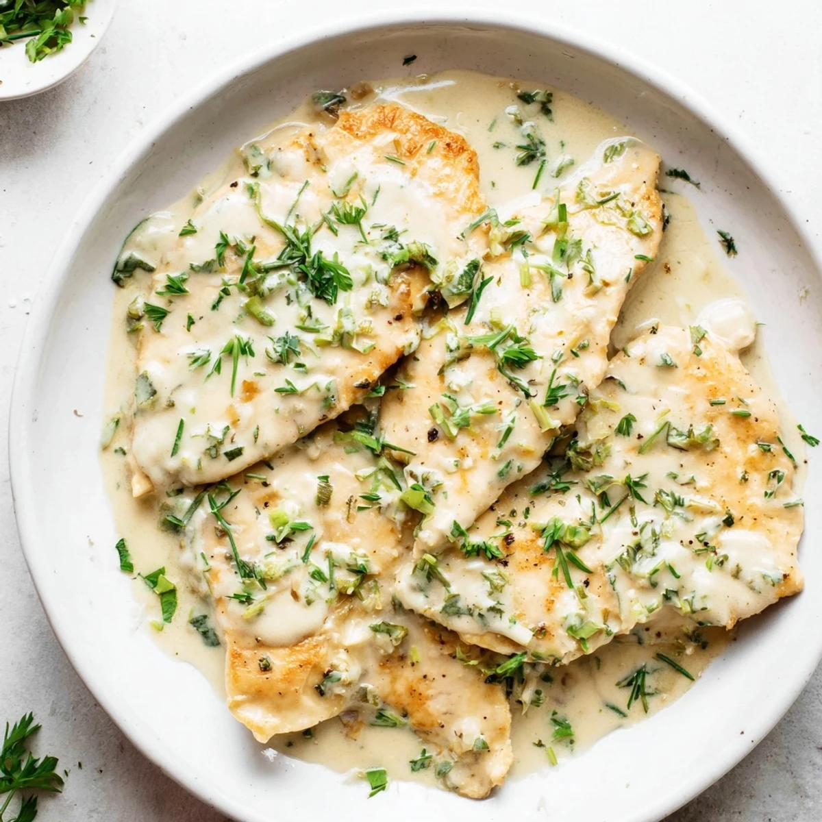 Golden-brown Lighter Creamy Tarragon Chicken, simmered in a creamy, herby sauce and ready to serve.