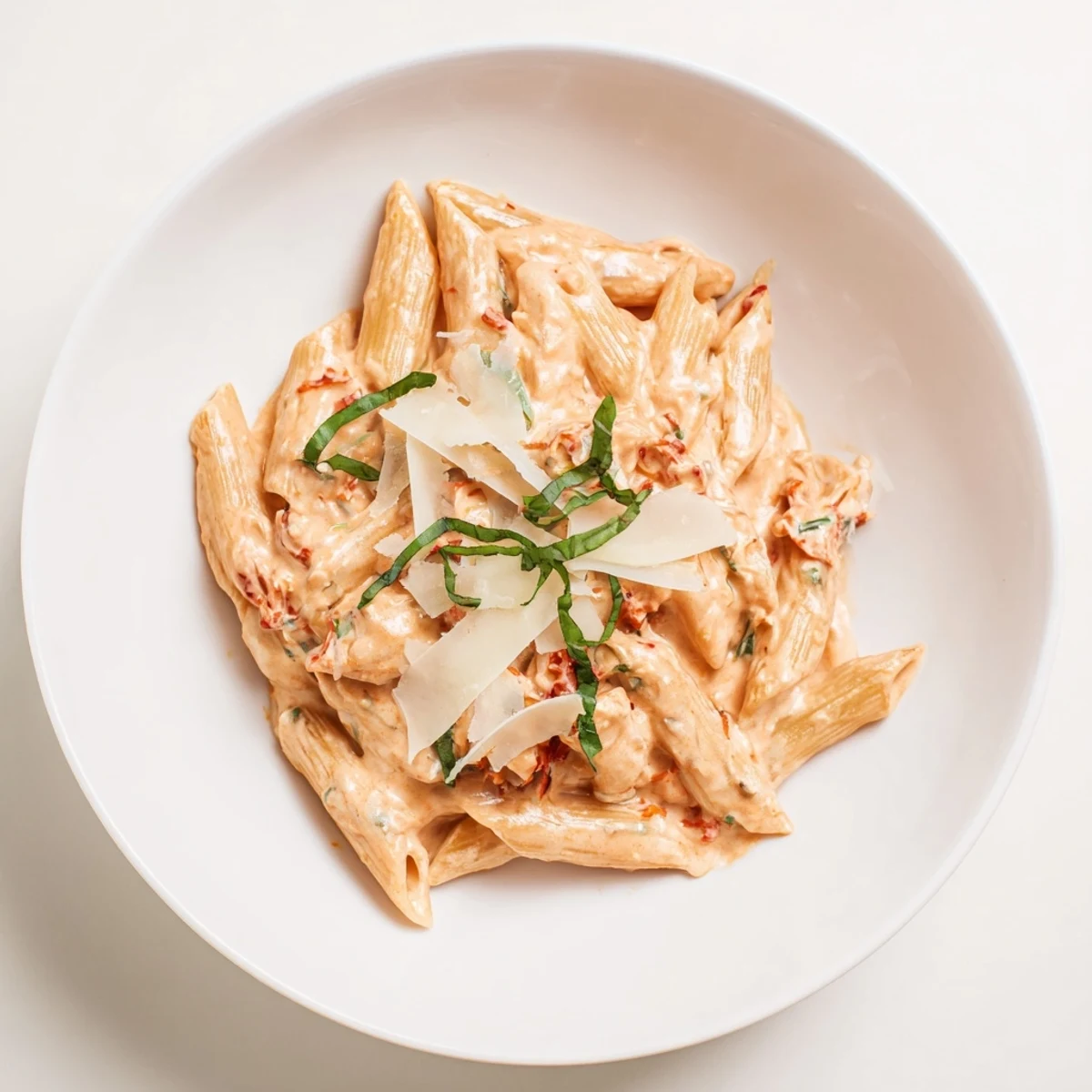 Close-up of sun-dried tomato and cottage cheese pasta: a quick, flavorful, Italian-inspired dinner.