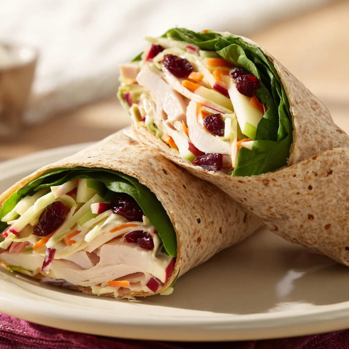 Vibrant cranberry apple slaw topping a turkey wrap, drizzled with creamy Greek yogurt dressing.