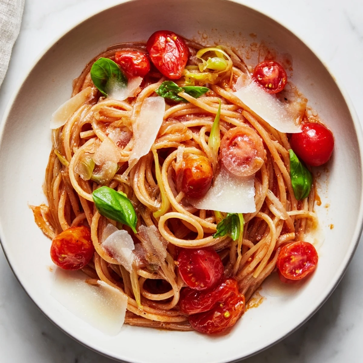 This beautifully plated Cozy Fireplace One-Pan Tomato Basil Pasta offers a delicious, comforting vegetarian meal with fresh herbs.