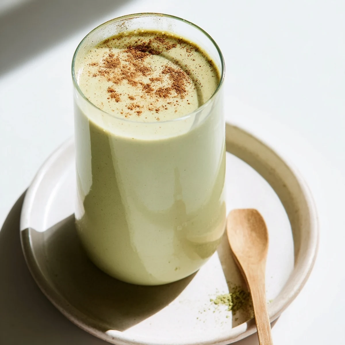Vibrant green Matcha Eggnog Collagen Breakfast Smoothie, a creamy holiday breakfast treat, is pictured.