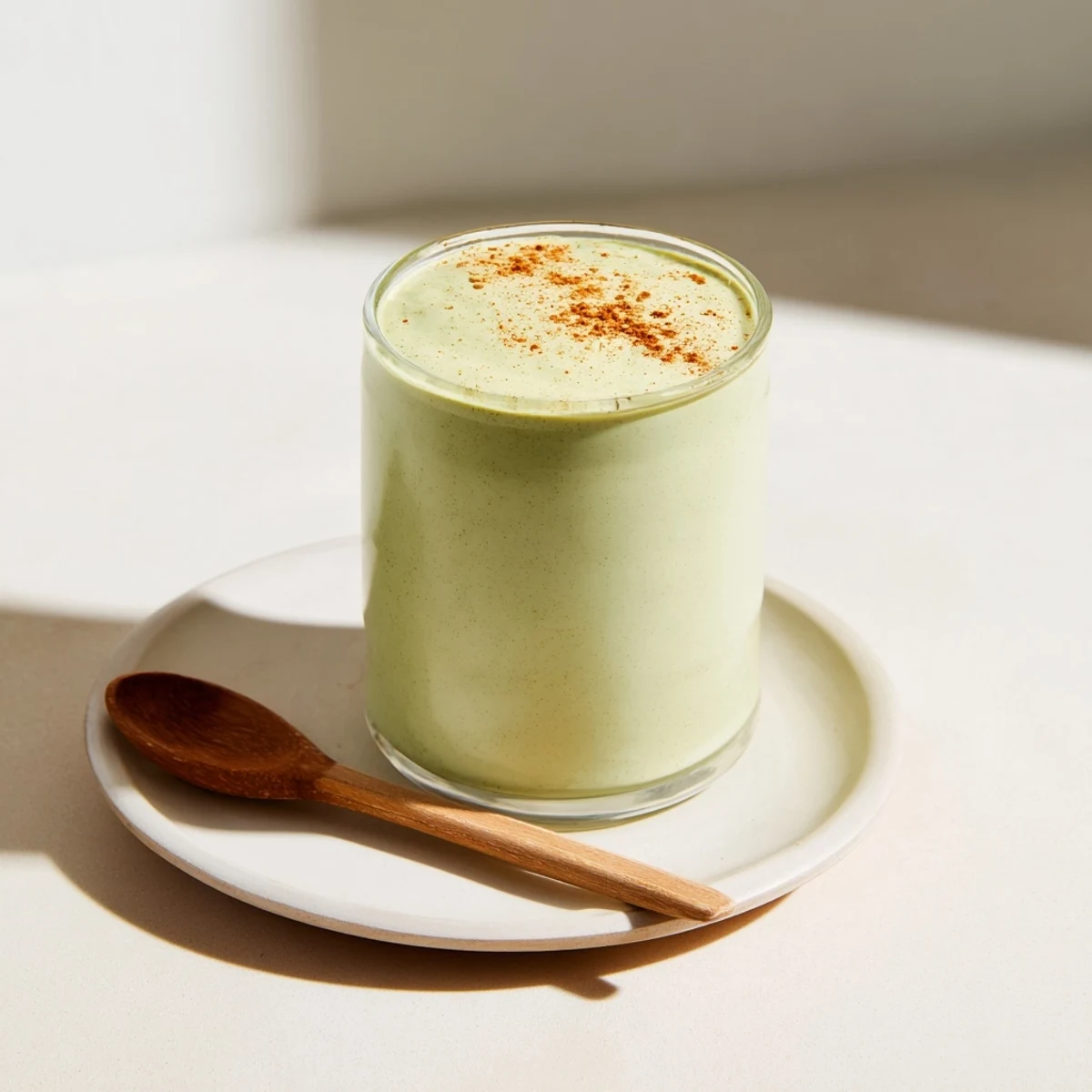 Imagine this festive Matcha Eggnog Collagen Breakfast Smoothie—thick, vibrant green, and lightly spiced with nutmeg.