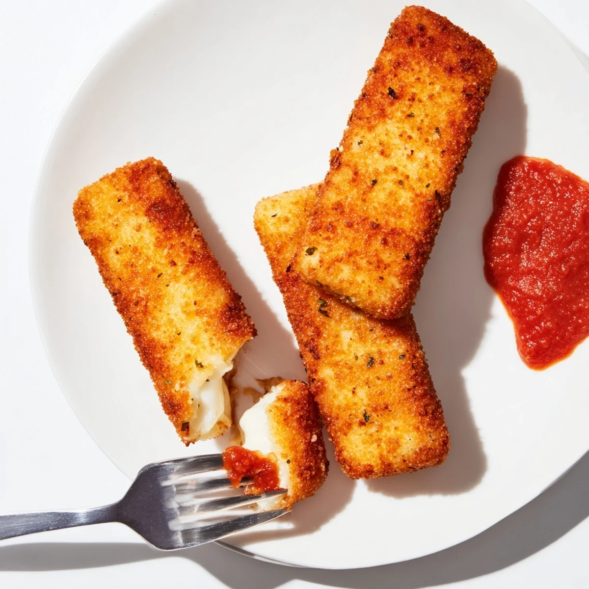 A close-up view of the Air Fryer Mozzarella Stick Grilled Cheese Fingers, showing melty cheese and crunchy breading.