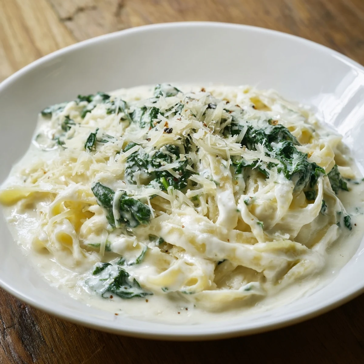 Tender fettuccine coated in creamy Greek Yogurt Spinach Alfredo Pasta, ready for a delicious meal.