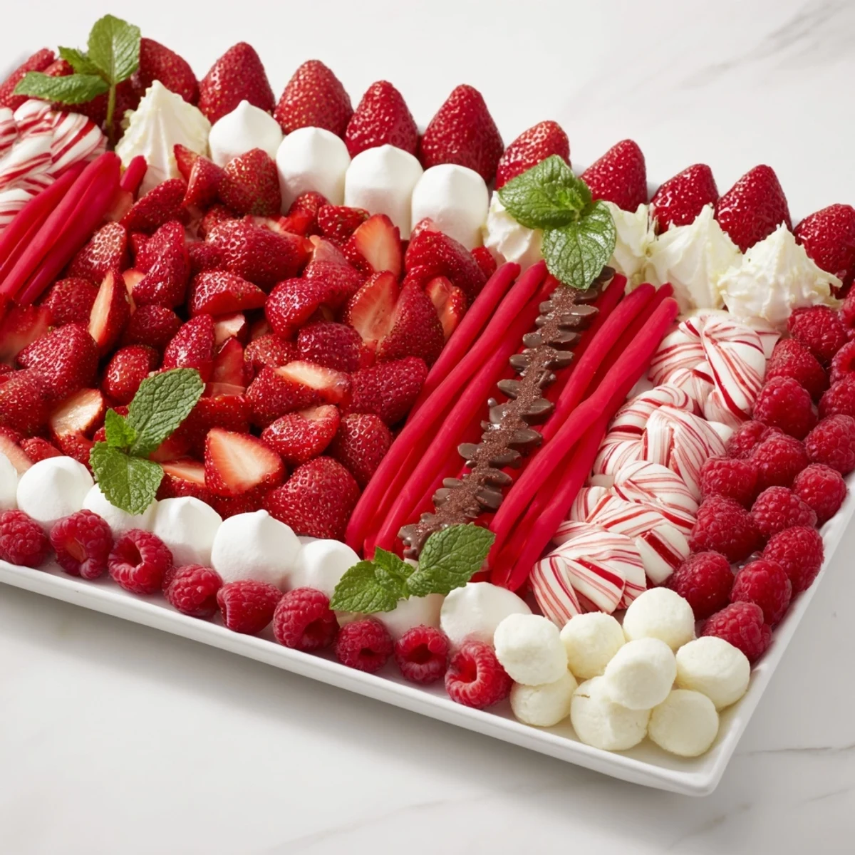 A stunning candy cane striped platter filled with red and white sweets, perfect for any Christmas party.