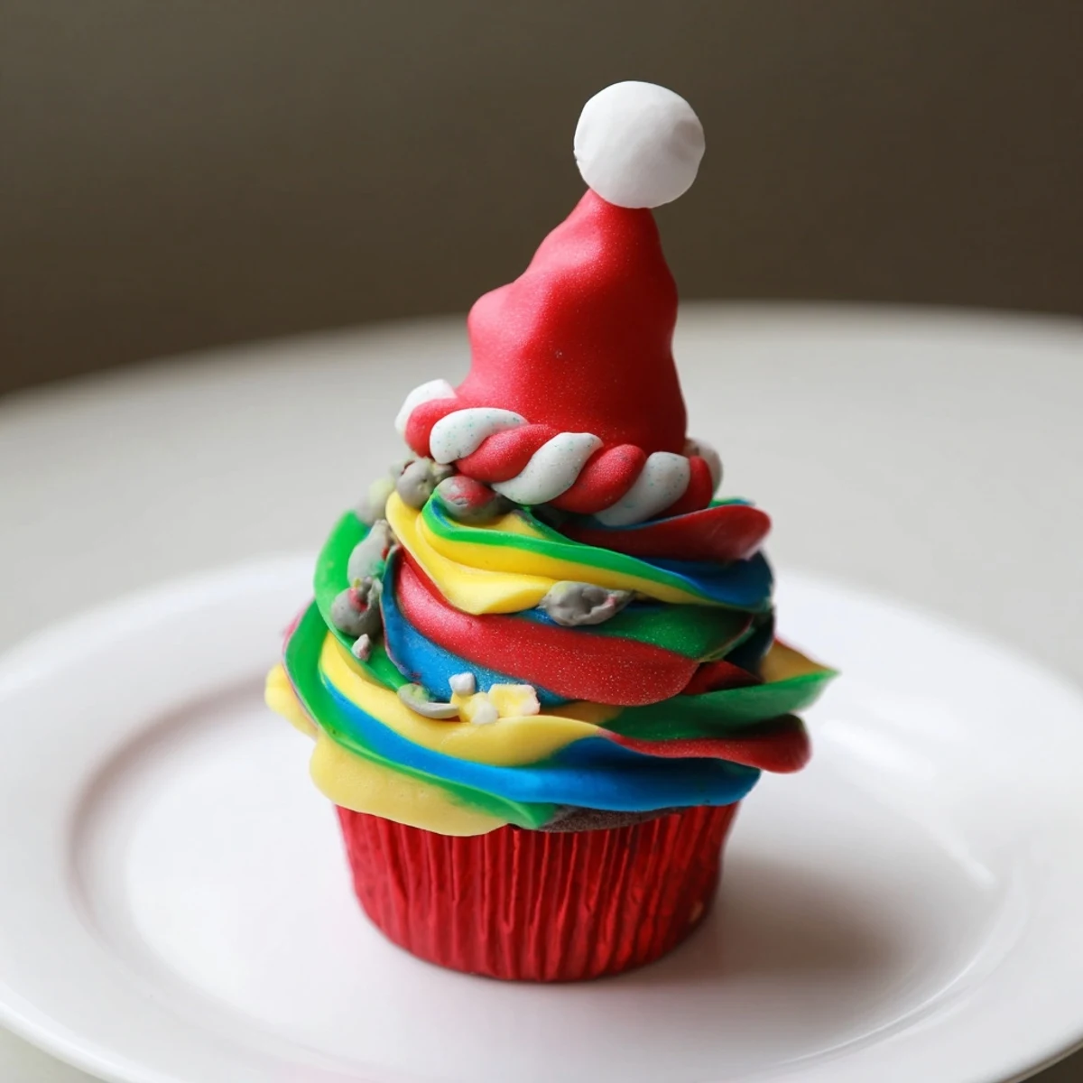 Festive Elf Hat Cupcake Tower: Colorful cupcakes with buttercream and edible elf's hat fondant decorations.