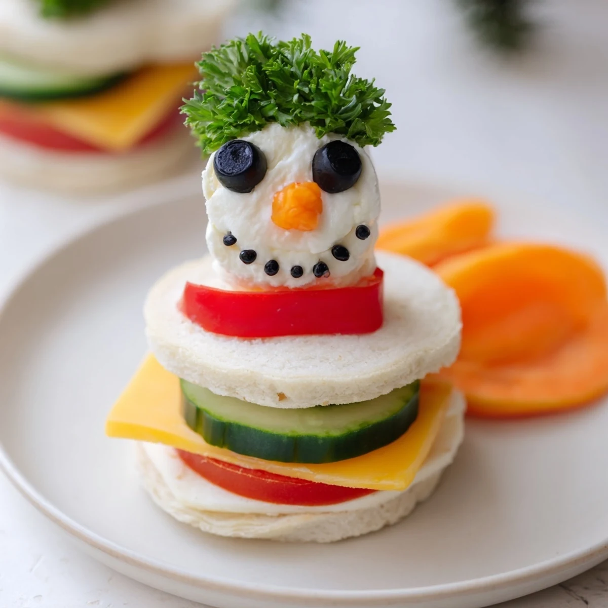A delightful Snowman Sandwich Stack, featuring round bread with colorful veggie and cheese layers.