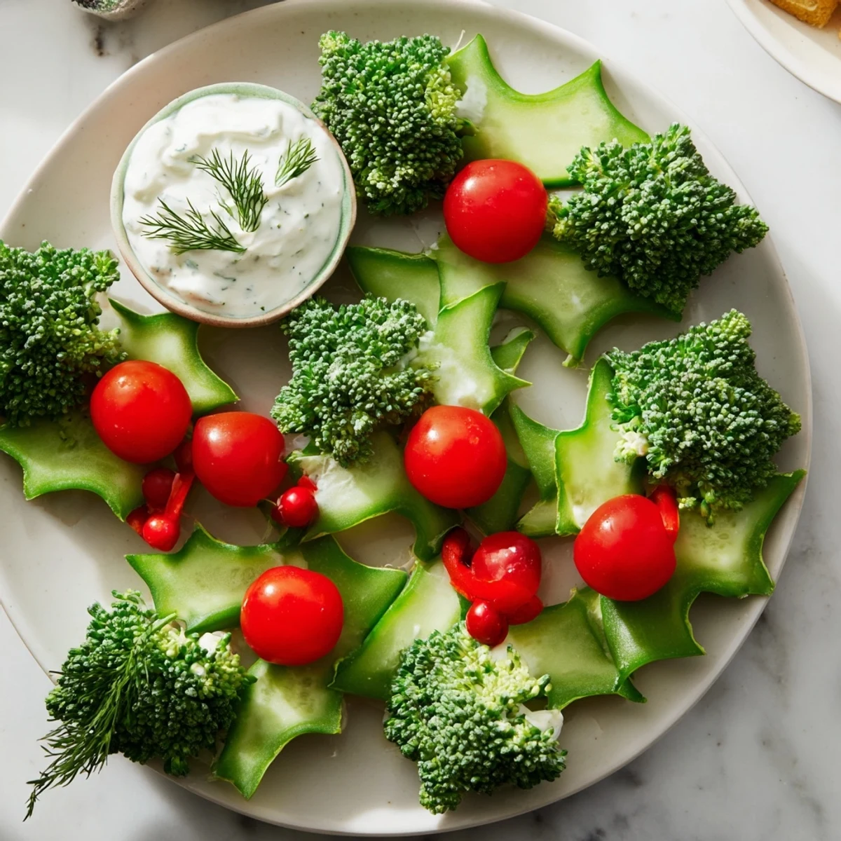 Festive Holly Leaf Veggie Board: a holiday-themed platter with fresh, colorful vegetables and creamy dip.