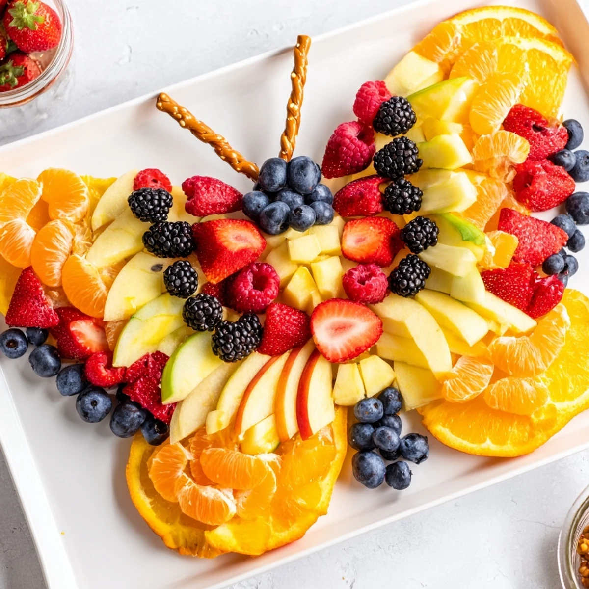 Delicious Monarch Magic Fruit Butterfly Tray with kiwi, grapes, and mangoes, perfect for kids' parties.