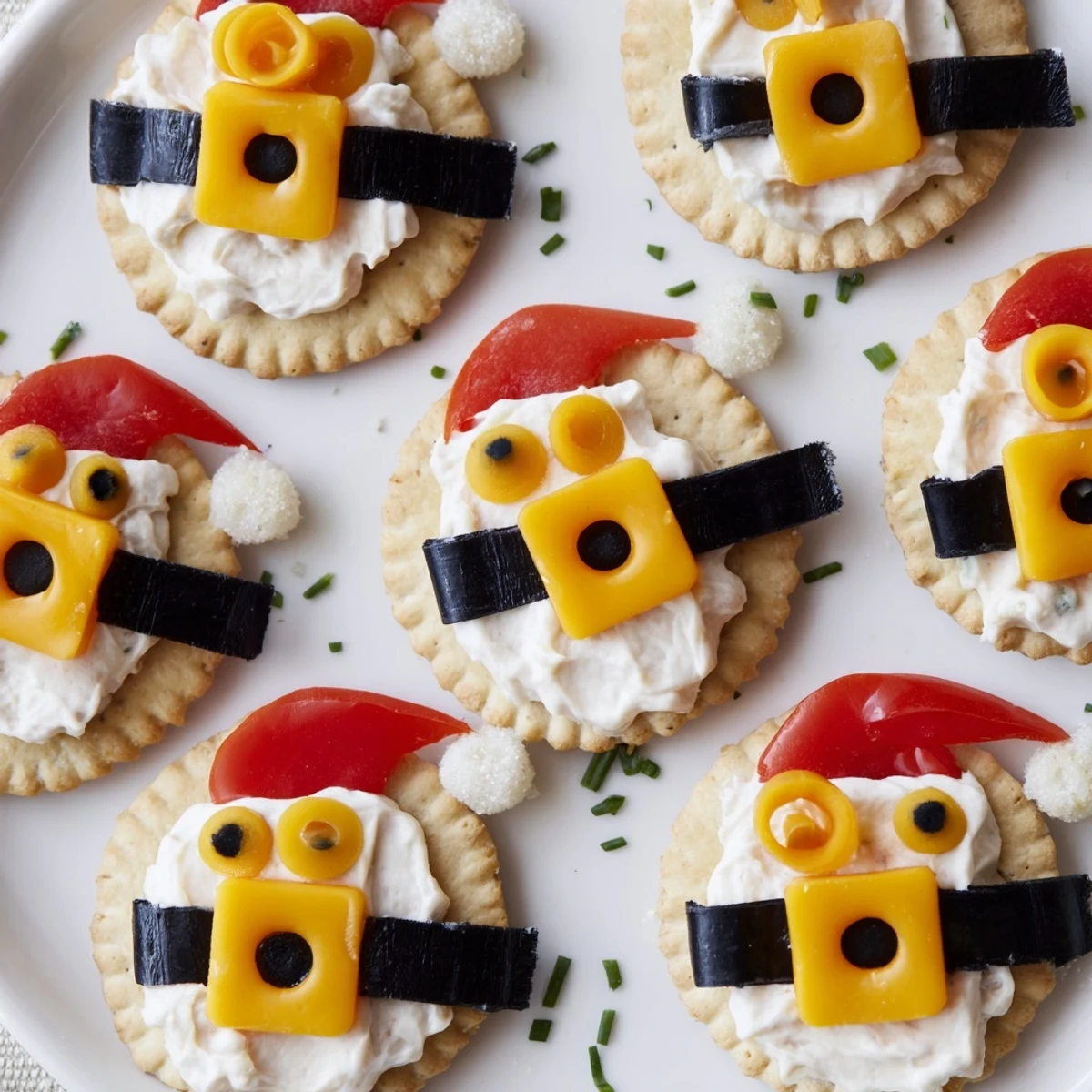 Holiday appetizer of Santas Belt Crackers & Dip: Round crackers adorned with cheese and olive belt details.