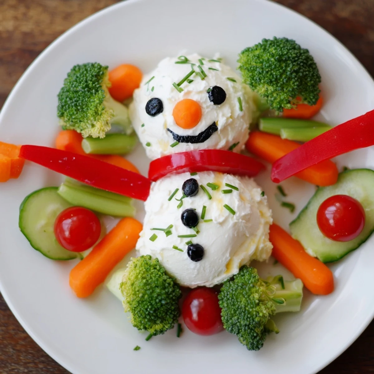 Festive Snowman Veggie Dip Platter featuring a creamy, homemade dip shaped like a snowman with colorful, crunchy veggies.