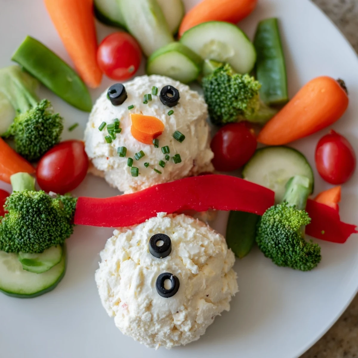 Snowman Veggie Dip Platter: a whimsical, creamy dip snowman surrounded by vibrant, fresh vegetable dippers.