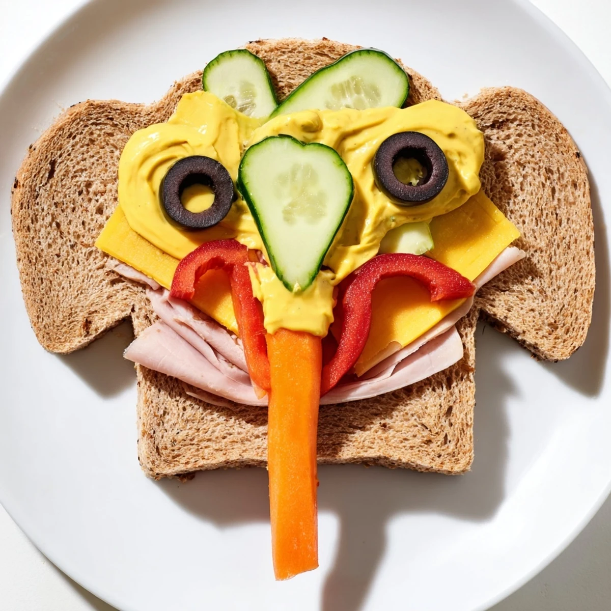 Playful Big Top Elephant Sandwiches, vividly crafted with olives and carrots, perfect for a kids' party platter.