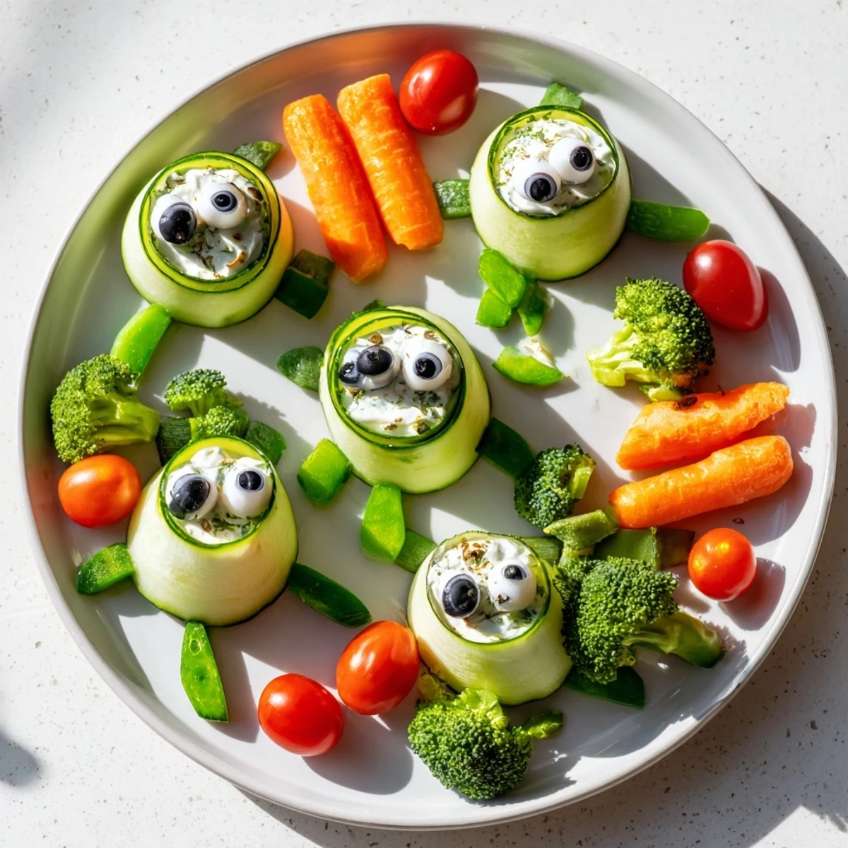 Whimsical Slow & Savory Turtle Crudités platter with colorful veggies and a creamy herb dip, a perfect appetizer.