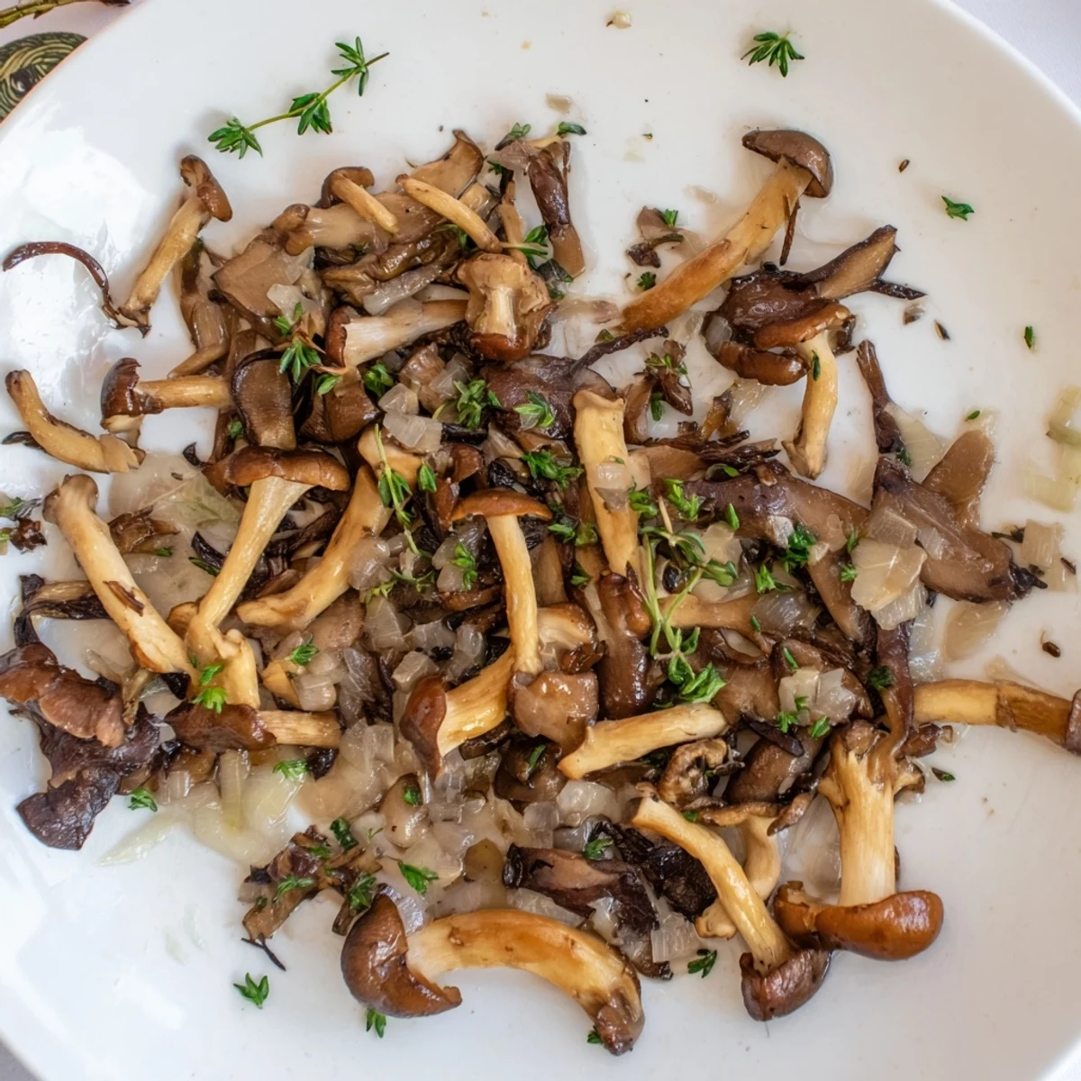 Golden wild mushrooms, the Enchanted Forest Mushrooms, sizzling in a pan with garlic and herbs, ready to serve.