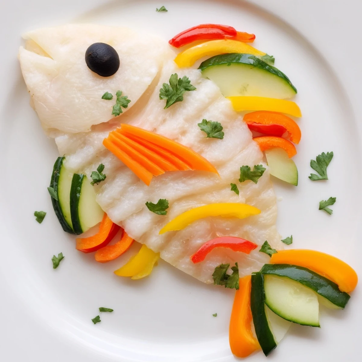 Light Fish-Shaped Meal, colorful baked fish shaped like a playful fish, with vibrant vegetable scales.