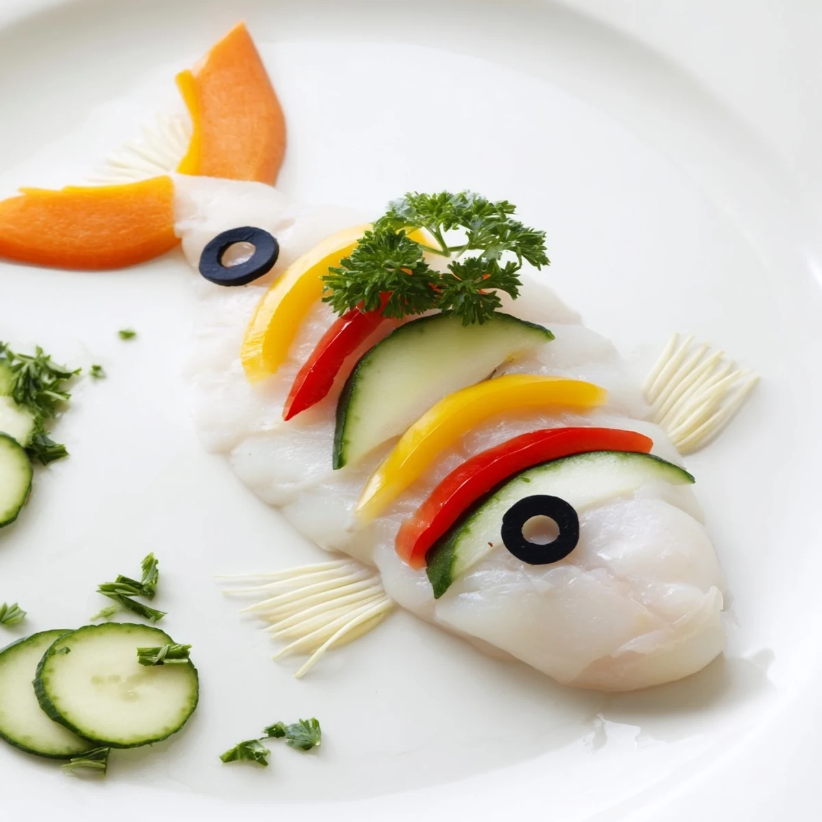 Glistening, baked Light Fish-Shaped Meal, showcasing a white fish fillet designed with cucumber fin detail.