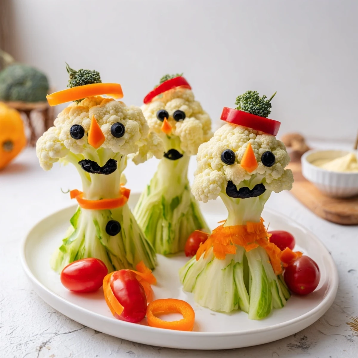Fresh Snowman Crudités display, featuring crisp cauliflower and carrots, ready for dipping in creamy sauce.