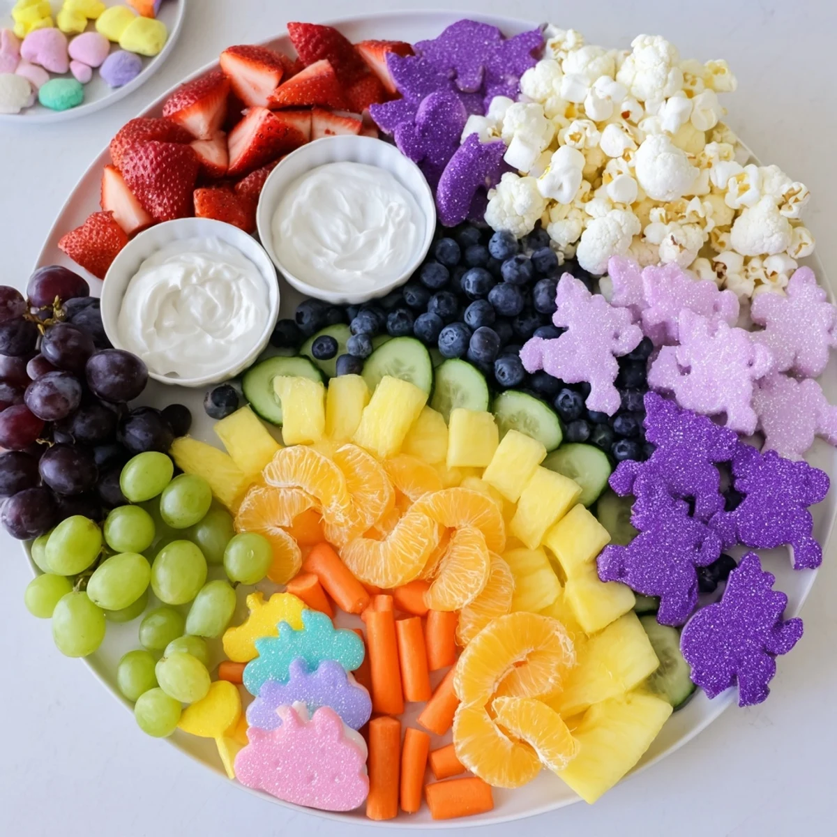 Colorful Magical Unicorn Rainbow Snack Board with vibrant fruits, vegetables, and creamy dips displayed.