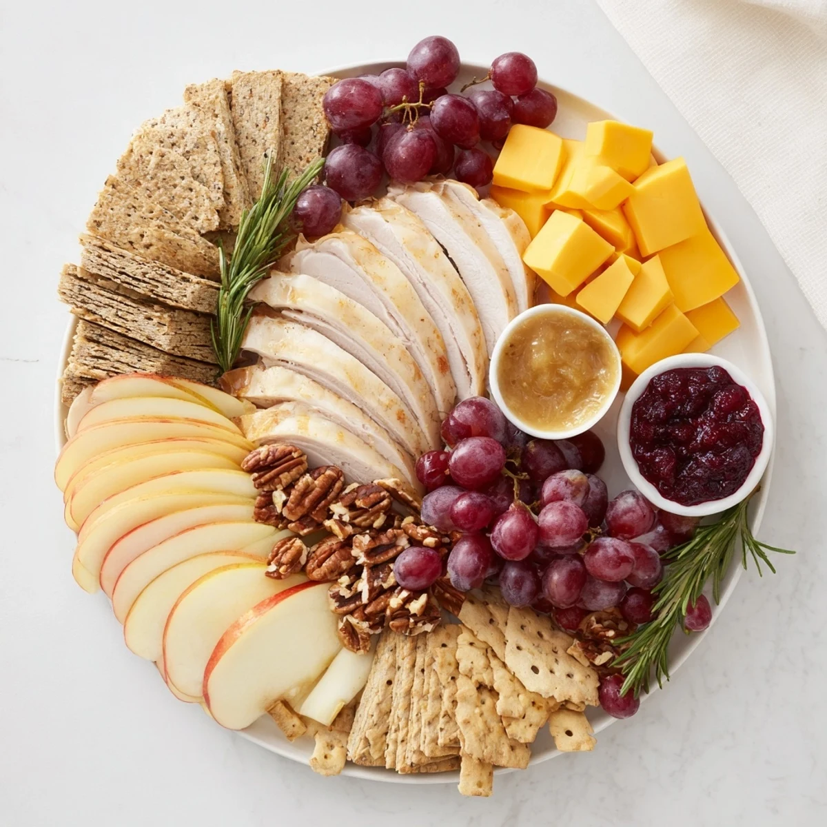 Vibrant Turkey Cheese and Cracker Board boasting sliced turkey, cheeses, crackers, and delicious garnishes for serving.