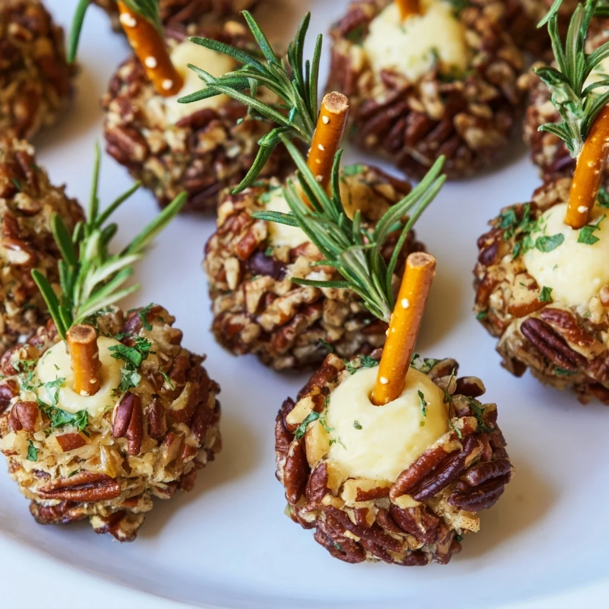 Savory acorn-shaped cheese ball bites, coated in pecans and herbs, ready for fall appetizers.