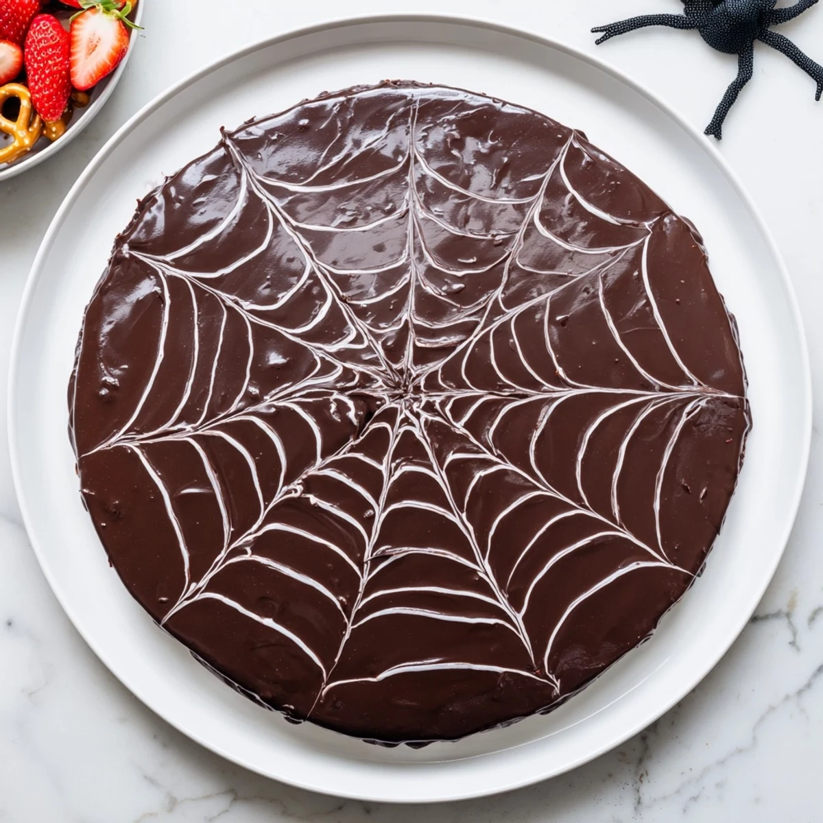 Spiderweb Chocolate Ganache Board: dark chocolate ganache, with a striking white spiderweb design and dippable treats.