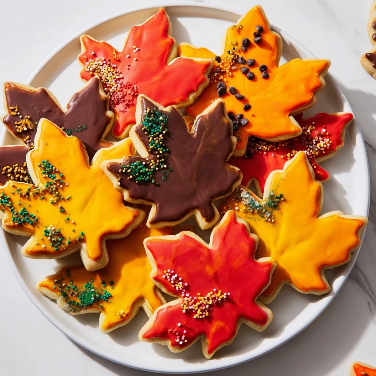 A close-up of beautifully decorated maple leaf cookies, ready to eat and enjoy.