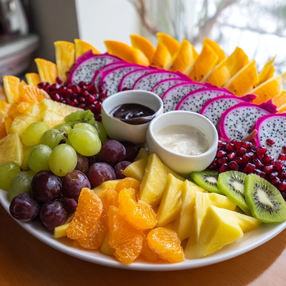 Eye-catching dragon scales fruit and dip board with fruit artfully arranged around creamy yogurt and chocolate dips.