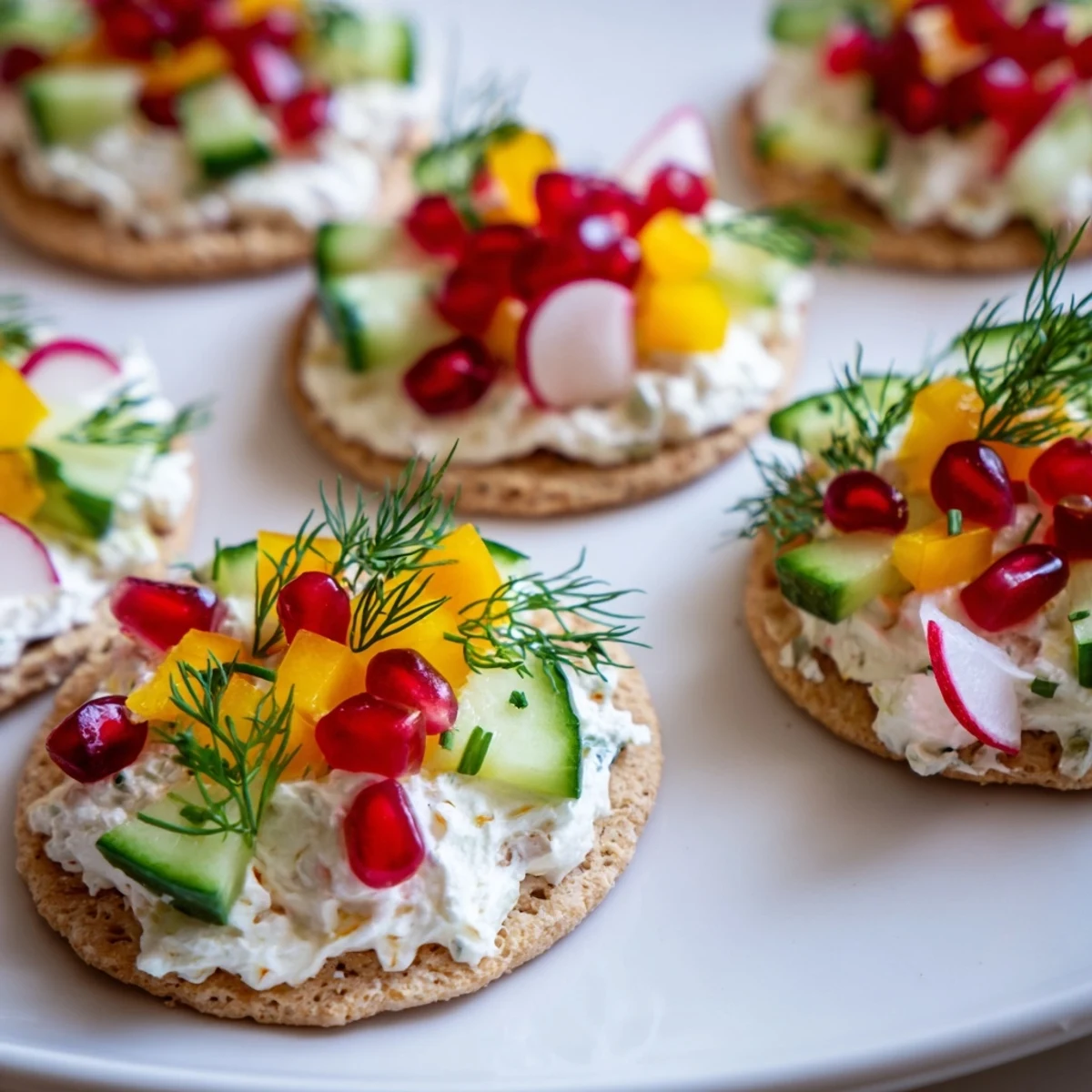 Ornament Shaped Cracker Toppings arranged with vibrant vegetables and creamy layers, ready for your party.