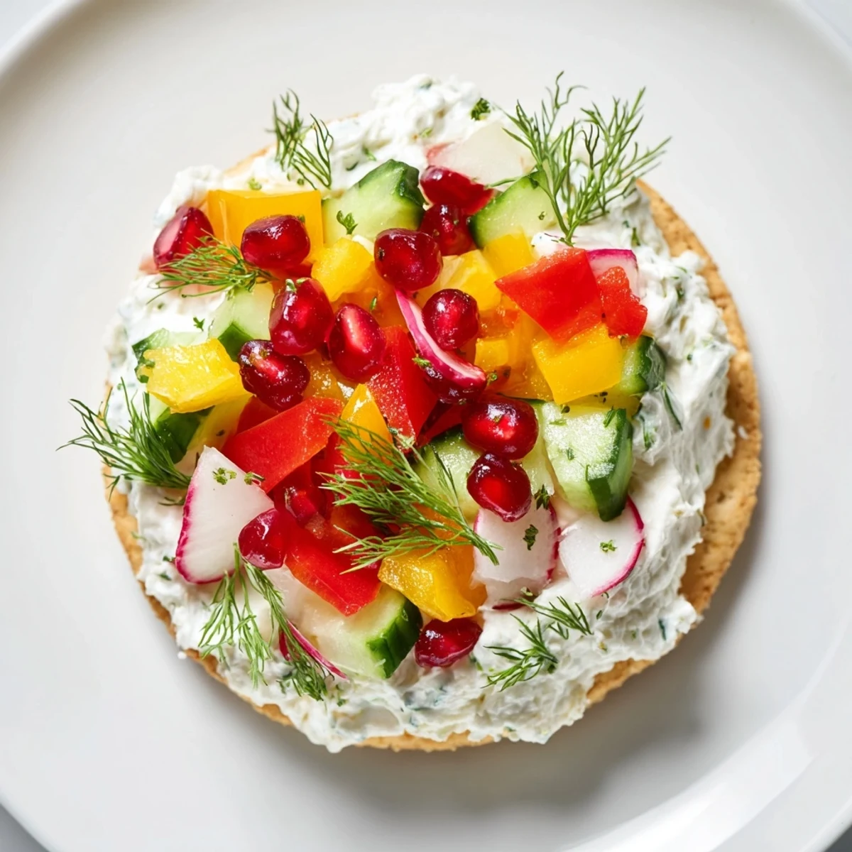 Freshly assembled Ornament Shaped Cracker Toppings showcasing colorful bell peppers, radishes, and herbs for a delightful appetizer.