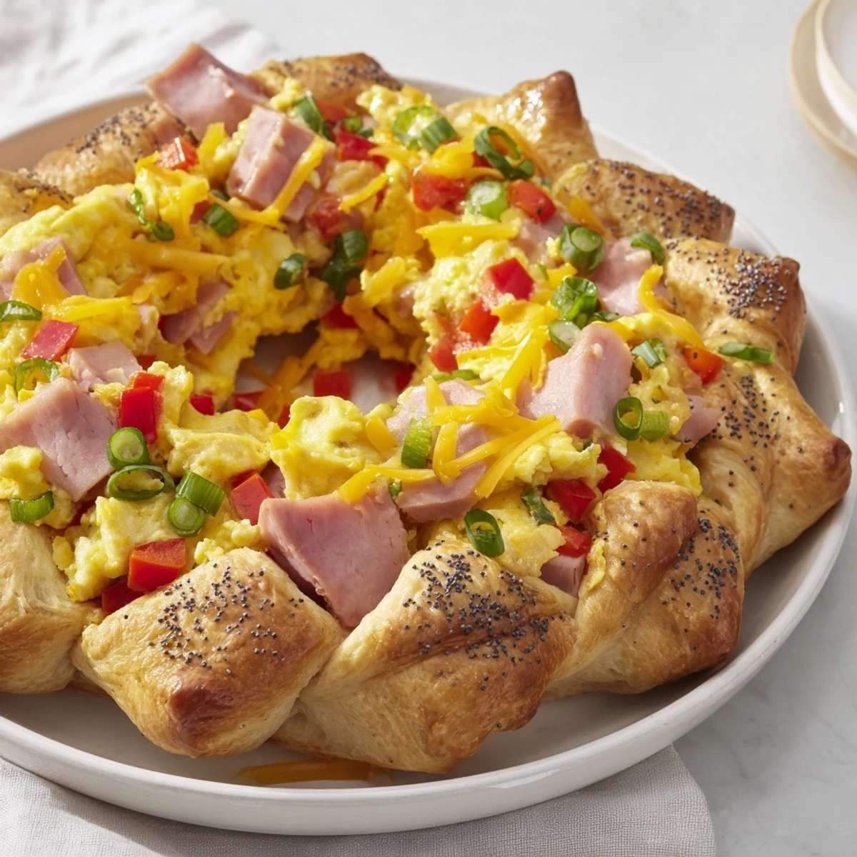 Fluffy eggs and ham are baked in crescent roll dough: A delicious Wreath-Shaped Egg and Ham Bake.