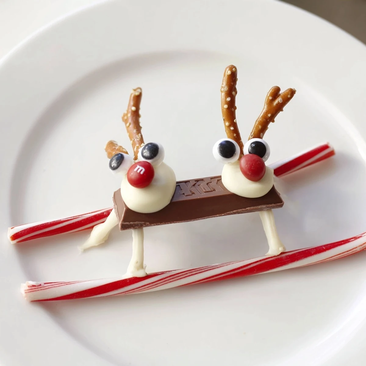 Homemade Rudolph Candy Cane Sleds, featuring mini pretzels as antlers, a fun, easy dessert.
